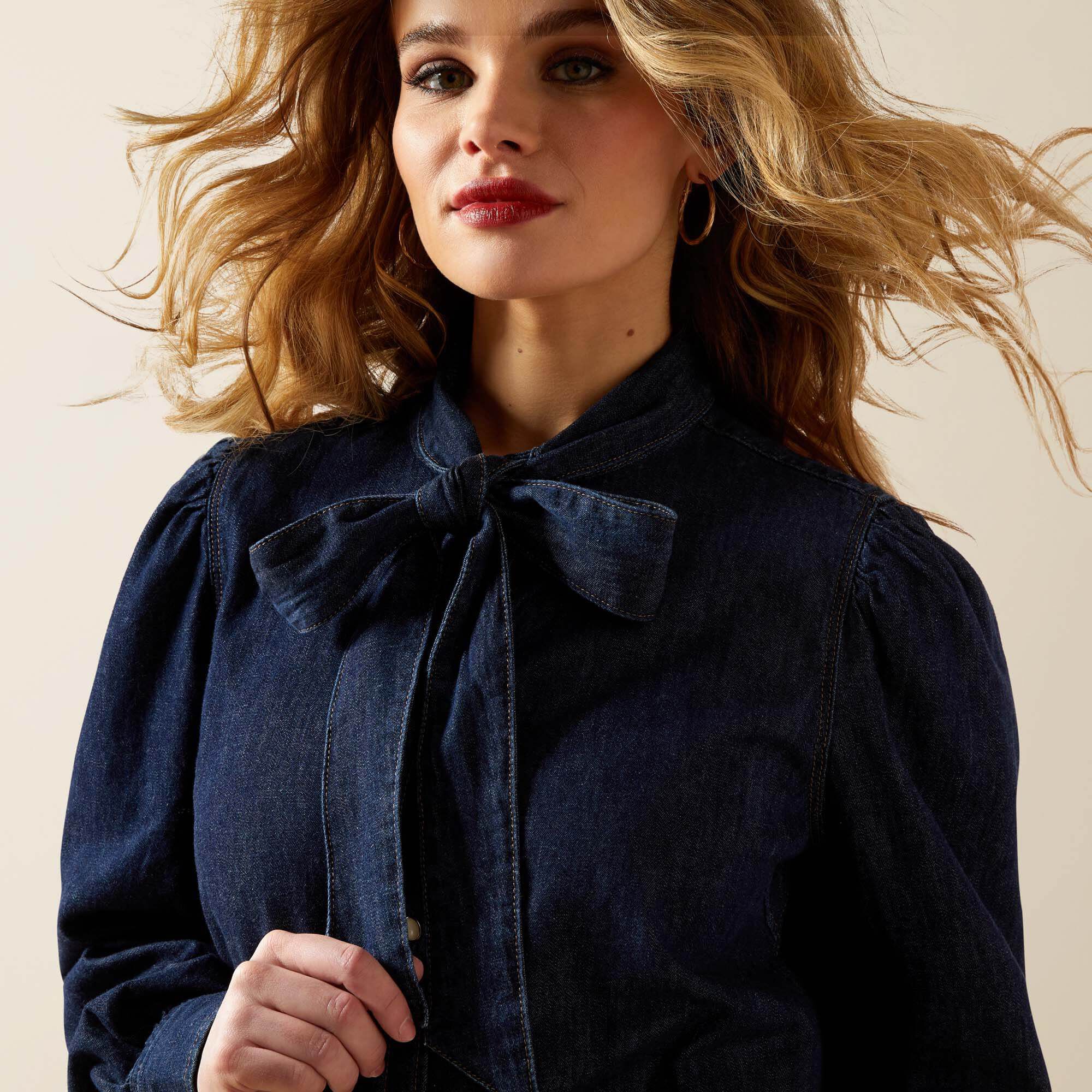 Puff Sleeve Denim Snap Shirt - Women|Trends